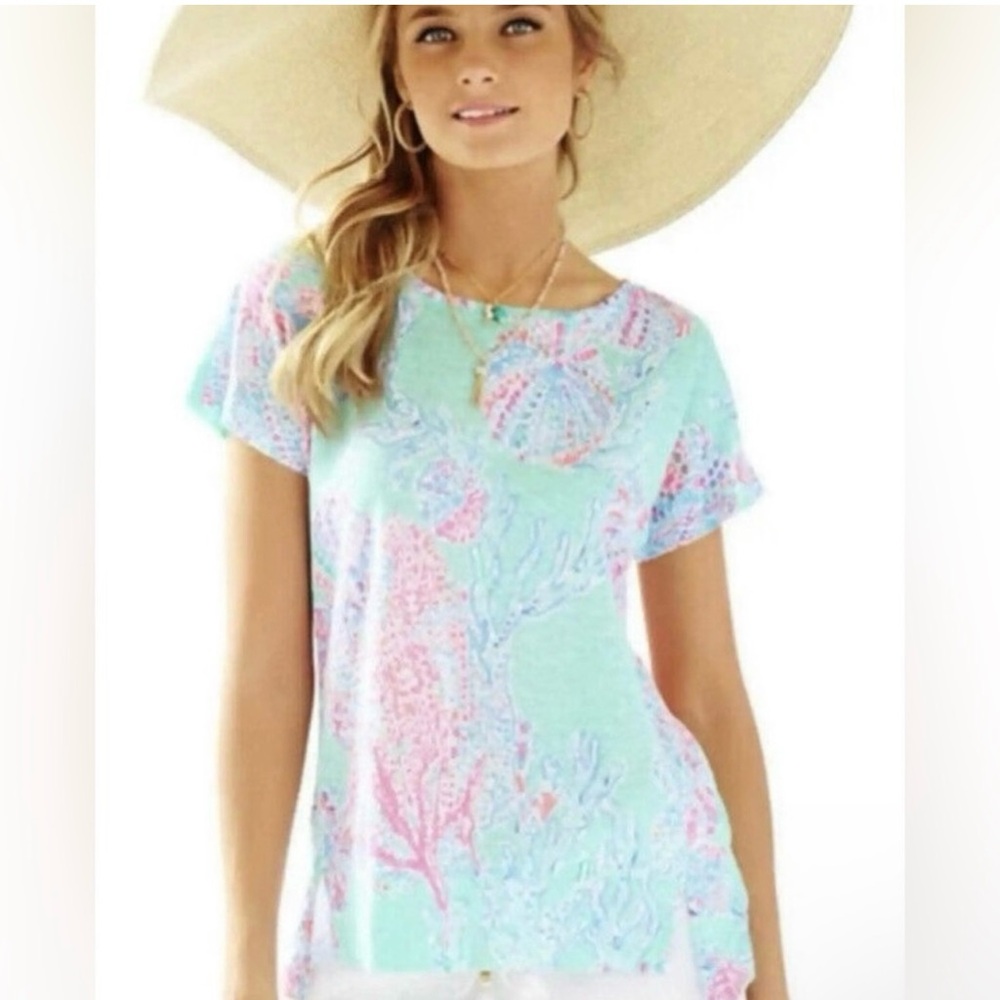 Lilly Pulitzer Mikela Linen Top Blouse in Minty Fresh Fansea Size S